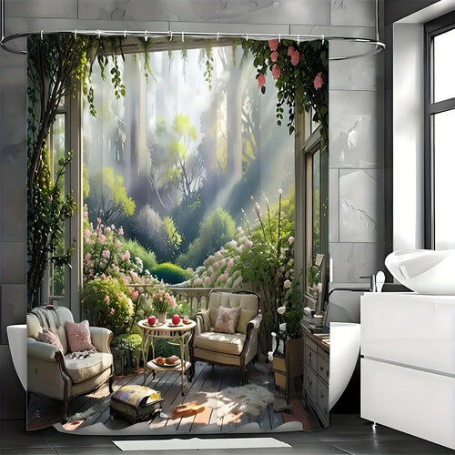 Romantic Pink Flower Shower Curtain - Water-Repellent & Durable Polyester, Lush Woven Weave Design, Complete with Hooks,