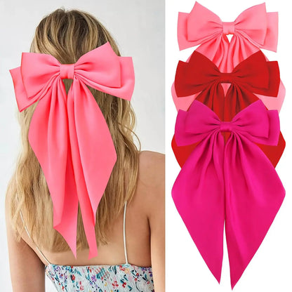 Hair Bows for Women Girls 3Pcs White Pink Black Silky Satin Large Bows Hair Clip Oversized Hair Ribbons Long Tail Big Hair Bows