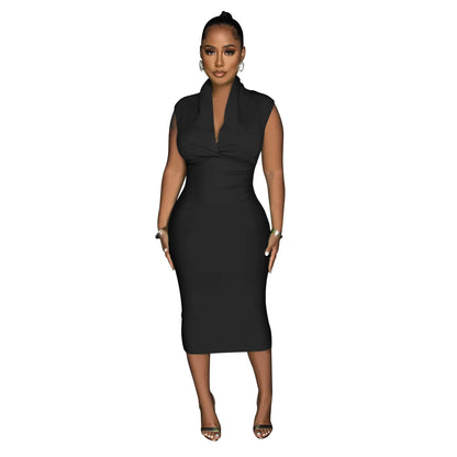 Women Draped Deep V-neck Sleeveless Bodycon Bandage Midi Dress 2023 Fashion Street Vestidos Sexy Party Evening Dresses