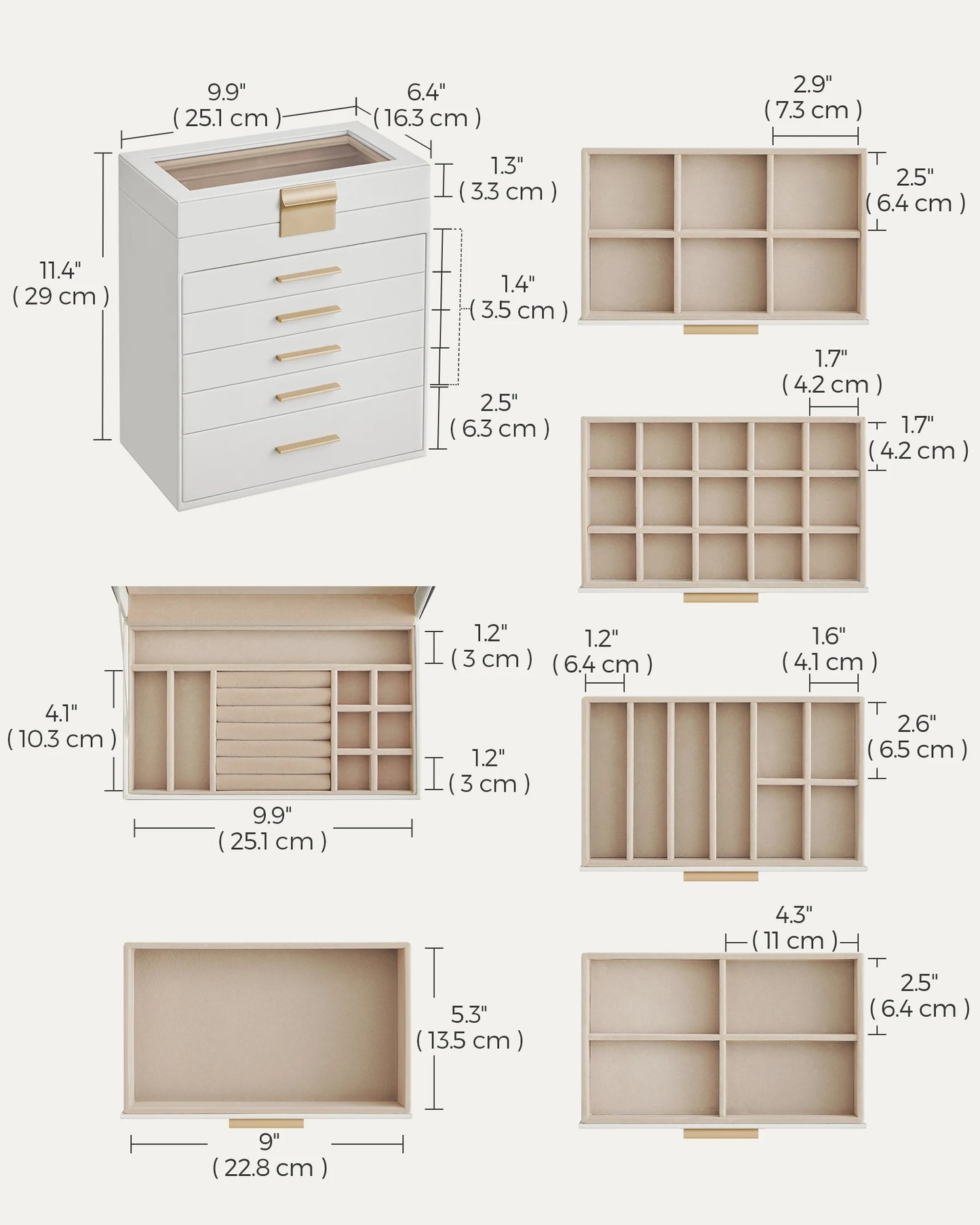 SONGMICS Jewelry Box with Glass Lid, 6-Layer Jewelry Organizer, 5 Drawers, for Sunglasses, Big Jewelry, Jewelry Storage