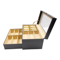 Leather 6 Watch Box Jewelry Case 9 Piece Eyeglasses Storage Sunglass Glasses Display Drawer Lockable Case Organizer Black