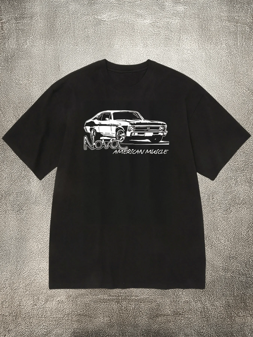 Men's Black 200g Cotton Crew - Neck Short - Sleeve T - Shirt with "Nova" American Muscle Car Heat - Transfer Print
