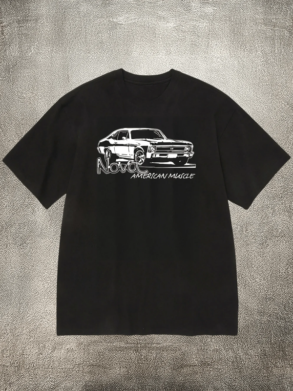 Men's Black 200g Cotton Crew - Neck Short - Sleeve T - Shirt with "Nova" American Muscle Car Heat - Transfer Print