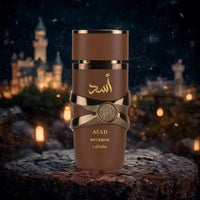 Lattafa Asad Bourbon Eau De Parfum bottle with elegant design, set against a castle background.