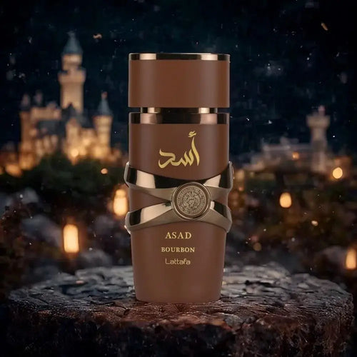 Lattafa Asad Bourbon Eau De Parfum bottle with elegant design, set against a castle background.