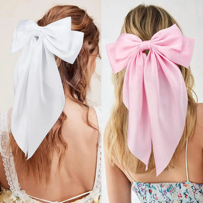Hair Bows for Women Girls 3Pcs White Pink Black Silky Satin Large Bows Hair Clip Oversized Hair Ribbons Long Tail Big Hair Bows