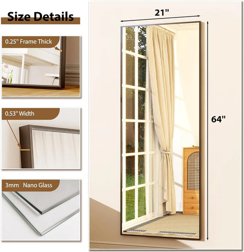 64"x21" Full Length Mirror Full Body Mirror Freestanding Hanging or Leaning Rectangle Floor Mirror Aluminum Alloy for Bedroom