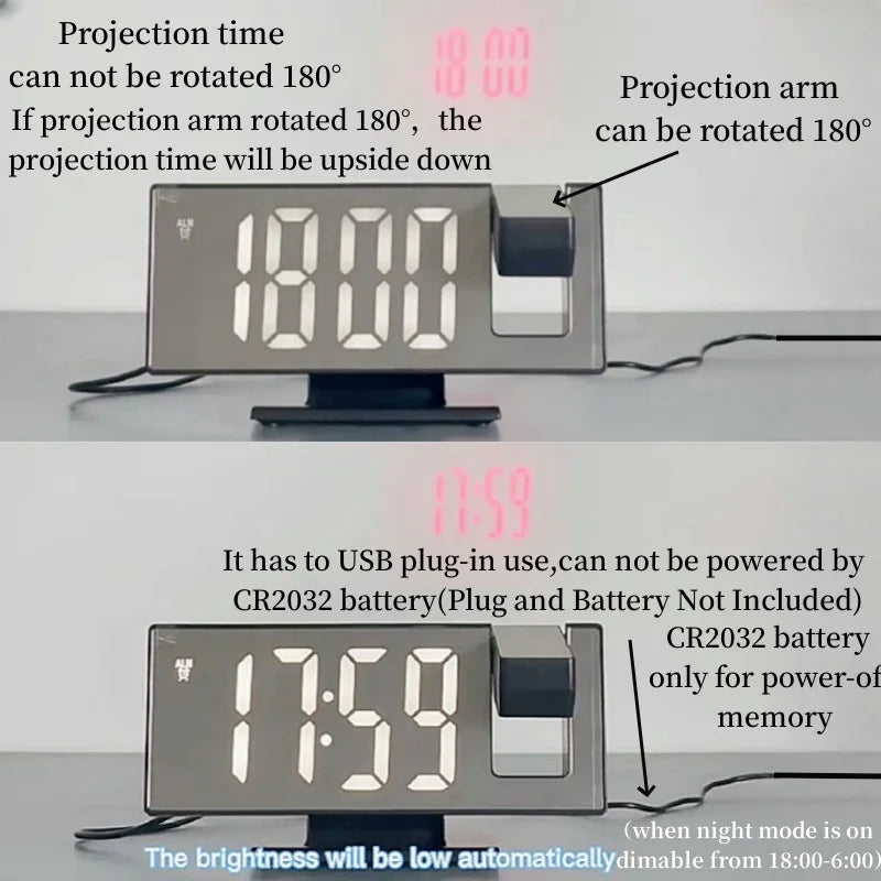 USB Powered  Digital Alarm Clock 180° Arm Projection Alarm Clock Time Temperature Snooze Table Clock 12/24H Projector LED Clock EzBuyCo