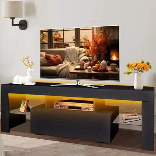 LED TV Stand with Large Storage Drawer for 32 40 50 55 Inch TVs, Modern Media Console TV Console Table with LED Lights Entertai