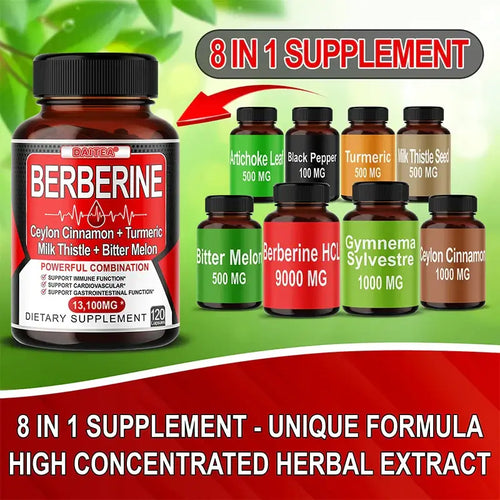Berberine 8 in 1 supplement bottle featuring Ceylon cinnamon, turmeric, milk thistle, and bitter melon for health support.