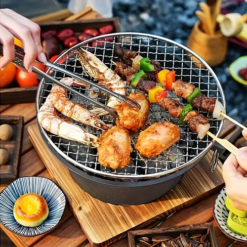Round barbecue grill, portable camping stove, picnic barbecue party stove, family camping, desktop small charcoal barbecue grill