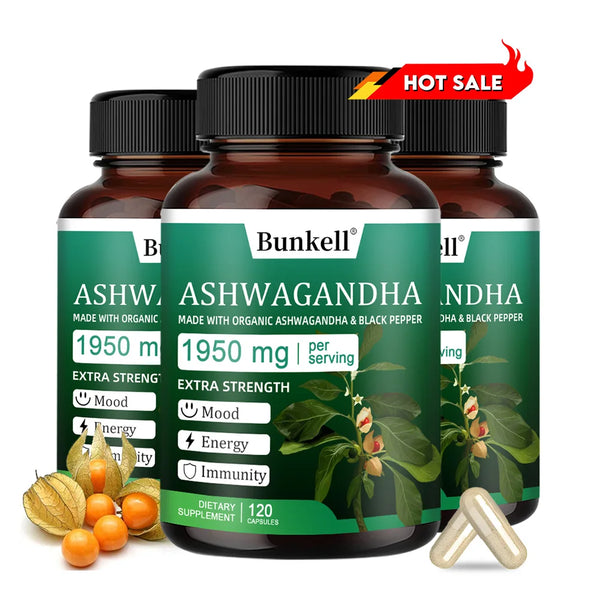 Organic Ashwagandha Capsules 1950mg - with Black Pepper, Helps Relaxation, Mood, Energy, Immunity, Antioxidant, Gluten Free