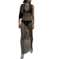 Women s Sheer Mesh Dress Sleeveless Round Neck Pearl Long Dress Bikini Cover Up Dress