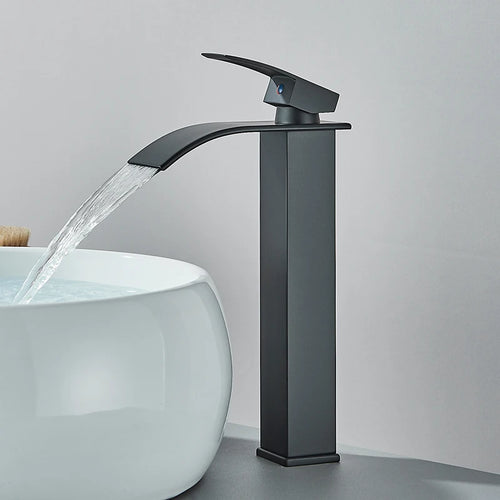 Matte Black Basin Faucet Deck Mounted Single Lever Bathroom Crane Waterfall Brass Bathroom Tap Hot Cold Water Mixer Taps