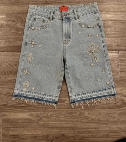Retro Gothic Y2k Sweatpants Oversized Iron Diamond Pattern Denim Shorts for Men Hip Hop Punk Low Waist Gym Shorts Streetwear
