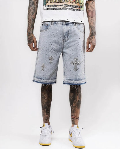 Retro Gothic Y2k Sweatpants Oversized Iron Diamond Pattern Denim Shorts for Men Hip Hop Punk Low Waist Gym Shorts Streetwear