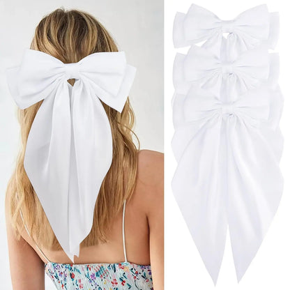Hair Bows for Women Girls 3Pcs White Pink Black Silky Satin Large Bows Hair Clip Oversized Hair Ribbons Long Tail Big Hair Bows