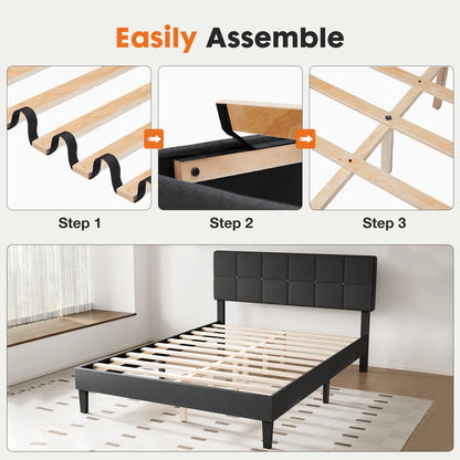 JHK Queen Bed Frame with Headboard No Box Spring Needed Linen Upholstered Wooden Platform Bed Frame with Wood Slats Support