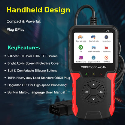 Battery Tester Auto Accessories Code Reader T06 Multi-language Support OBD2 Scanner Check Engine System Car Diagnostic Tool