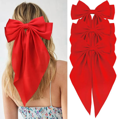Hair Bows for Women Girls 3Pcs White Pink Black Silky Satin Large Bows Hair Clip Oversized Hair Ribbons Long Tail Big Hair Bows