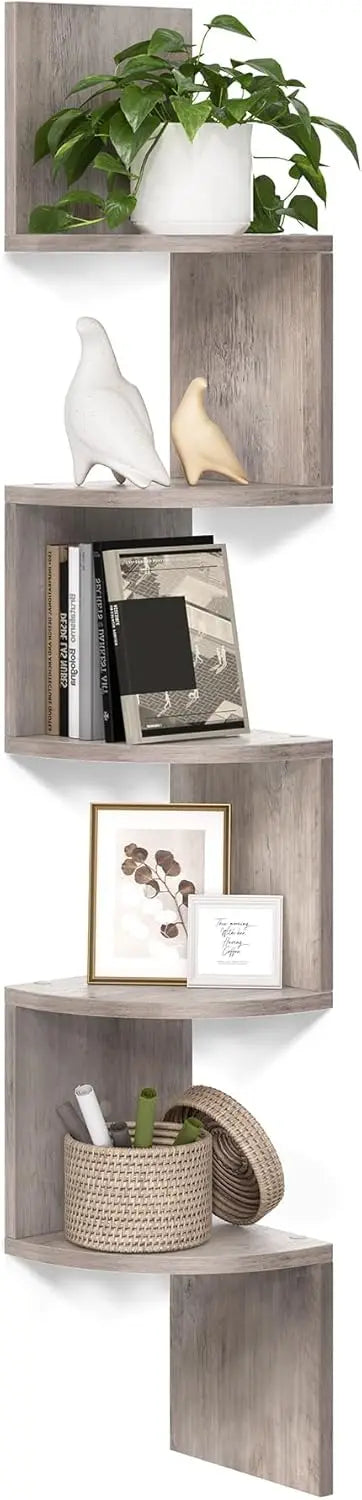 Corner Shelf Wall Mount, 5-Tier Floating Corner Bookshelf, Plant Shelf for Bedroom, Living Room, Bathroom, Home Office