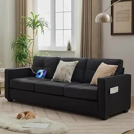 Faux Leater Sofa Couch Sectional Couches for Living Room, 88" Comfy Tufted Upholstery Sofas with USB & Type C Charger, Home 3 S