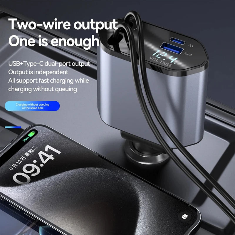 4 in 1 120W Car Charger Retractable Car Cigarette Lighter Adapter USB Type C Fast Charger Cable For IPhone Xiaomi Huawei Samsung