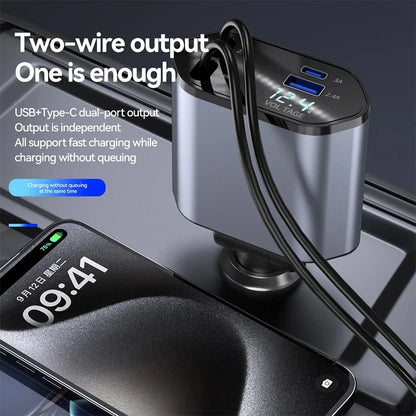 4 in 1 120W Car Charger Retractable Car Cigarette Lighter Adapter USB Type C Fast Charger Cable For IPhone Xiaomi Huawei Samsung