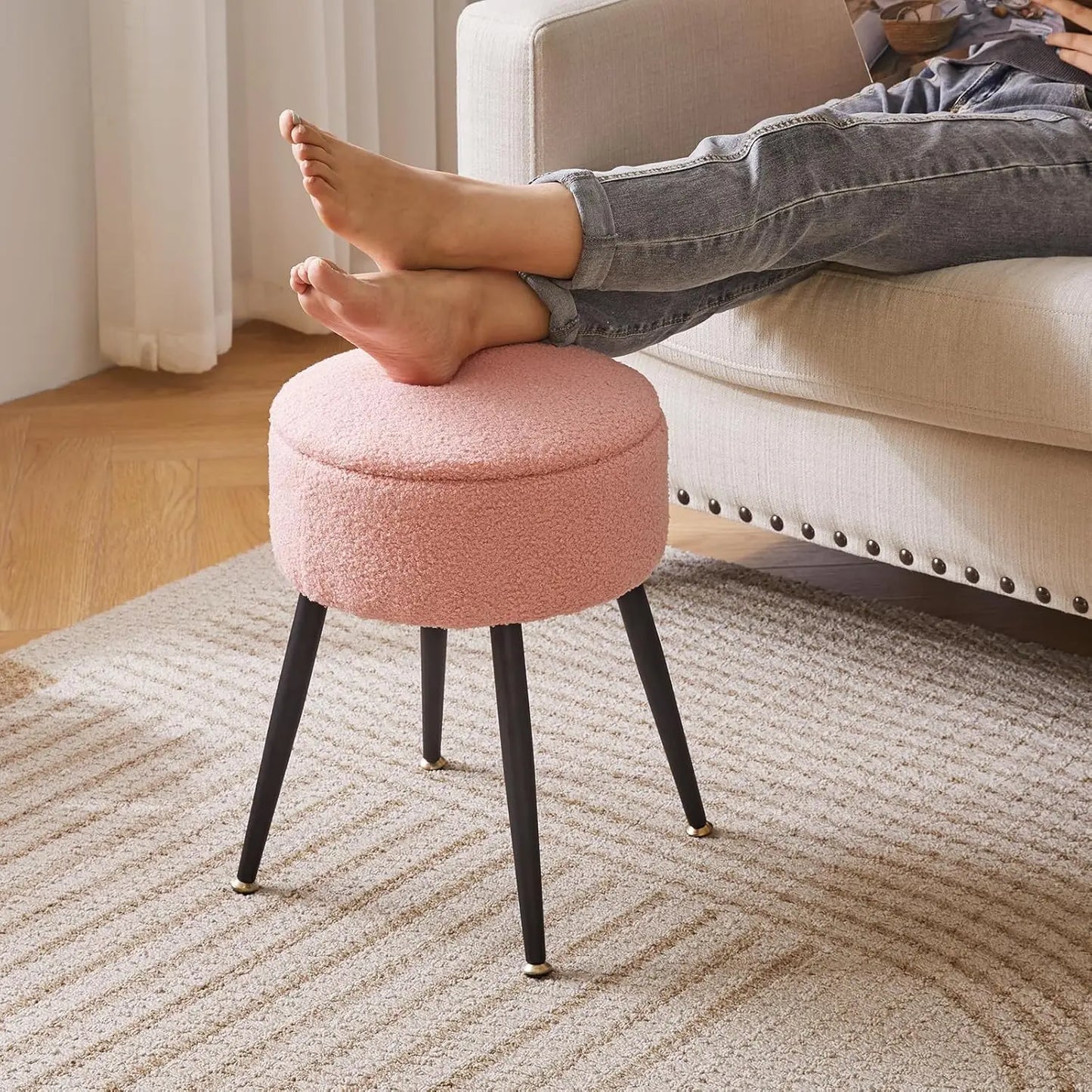 Vanity Stool, Pink Vanity Chair with Storage, Foot Stools Ottoman Small, Soft Faux Teddy Fur Stool with 4 Metal Legs