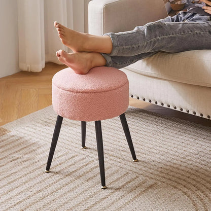 Vanity Stool, Pink Vanity Chair with Storage, Foot Stools Ottoman Small, Soft Faux Teddy Fur Stool with 4 Metal Legs