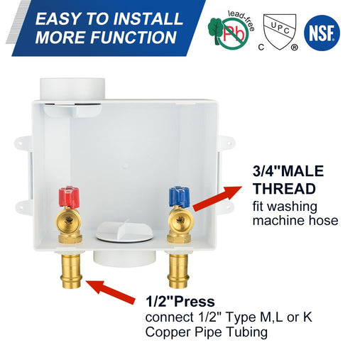 1/2" Copper Press Inlet, Washing Machine Outlet Box, Center Drain Plumbingsell