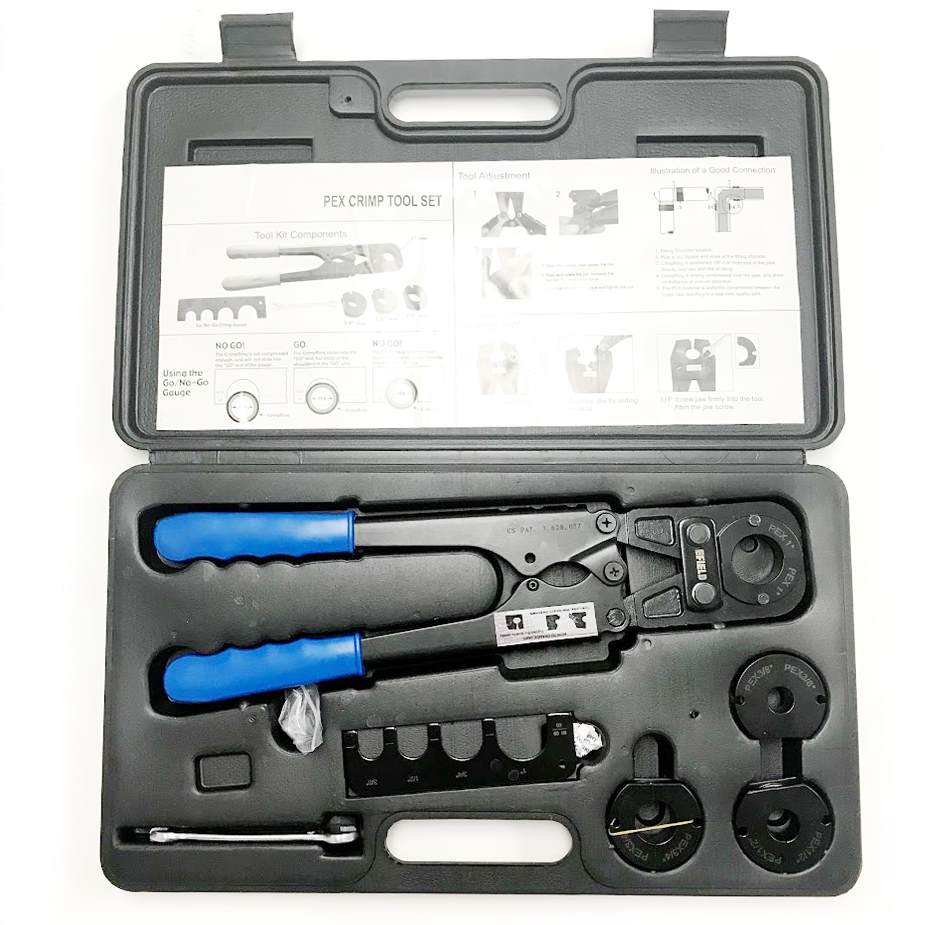 PEX Crimping Tool Kit, FULL SIZE, 3/8" , 1/2" , 3/4" , 1" Copper Ring with Gauge & PEX Pipe Cutter Meets F1807 Standards