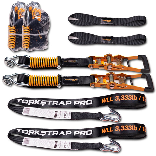 TorkStrap PRO | 25' x 2'' Self Tensioning Ratchet Straps (10,000LB Break Strength) - Adjusts to Load Shifts - Spring Loaded Heavy Duty Ratchet Straps w/ Soft Loops - UTV, Cargo, ATV, Truck TorkStrap