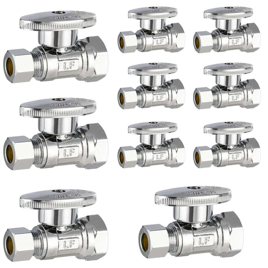 10 Pcs 1/2" FIP x 3/8" OD Compr. Straight Stop Valve, 1/4 Turn (Lead Free)