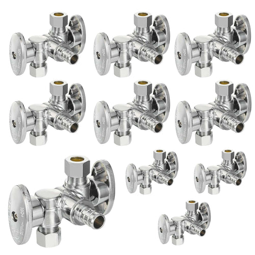 10 Pcs 1/2" PEX Crimp x 3/8" OD Compr. x 3/8" OD Compr. Dual Stop Valve, 1/4 Turn (Lead Free) Plumbingsell