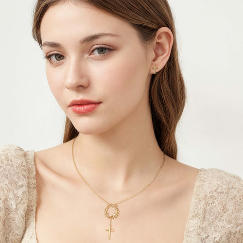 Crown of Thorns Cross Stud Earrings vanimy