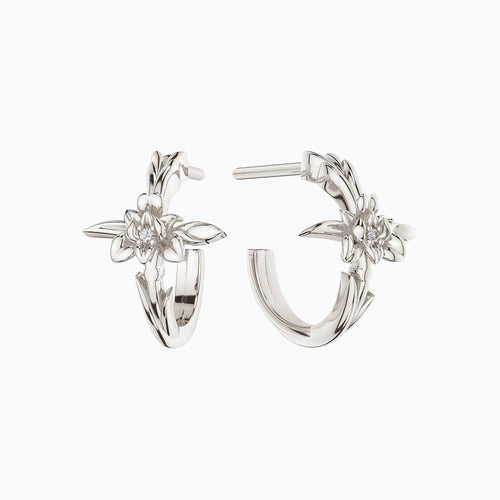 Floral Cross February Iris Birth Flower Half Hoop Stud Earrings