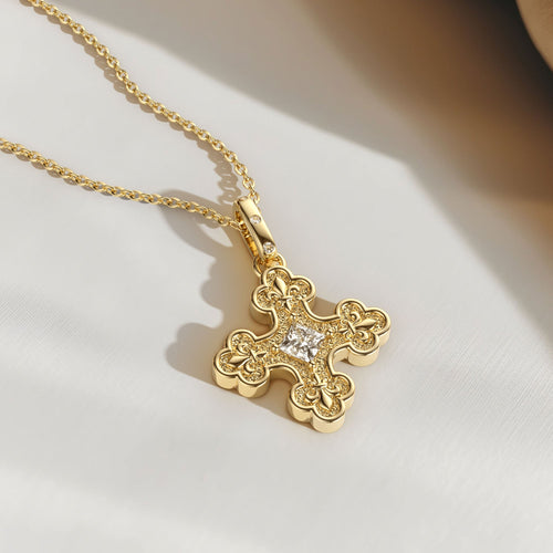 Byzantine Fleur De Lis Cross Pendant Necklace vanimy