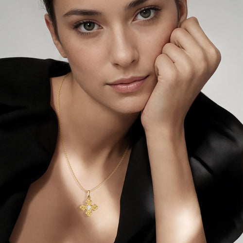 Byzantine Fleur De Lis Cross Pendant Necklace vanimy