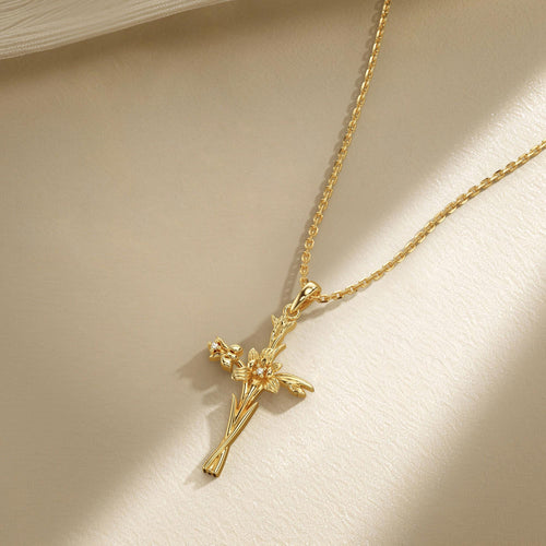 Floral Cross February Iris Birth Flower Necklace