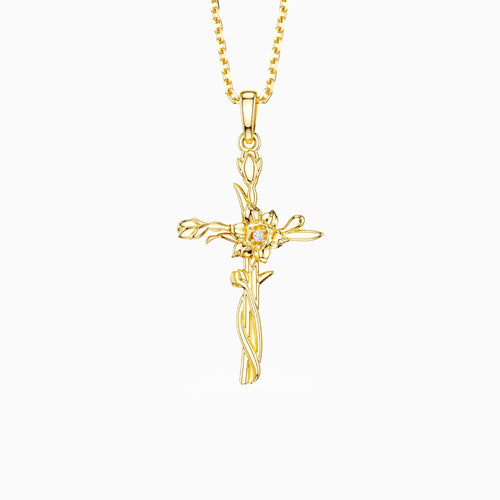 Floral Cross March Daffodil Birth Flower Necklace