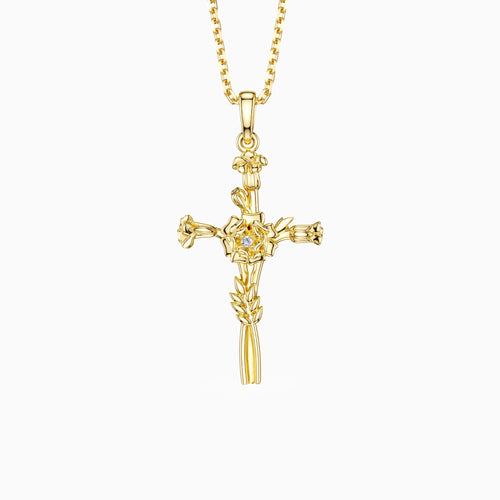 Floral Cross October Marigold Birth Flower Necklace