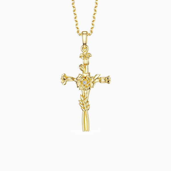 Floral Cross October Marigold Birth Flower Necklace