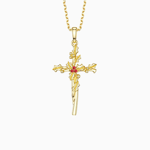 Floral Cross December Holly Birth Flower Necklace