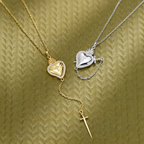 Flaming Heart with Dagger Necklace