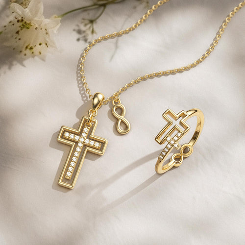 Double Hollow Cross And Infinity Ring vanimy