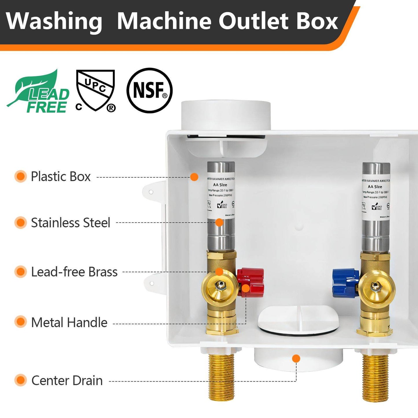 1/2" Sweat Inlet, Washing Machine Outlet Box, with Stainless Steel Water Hammer Arrestor