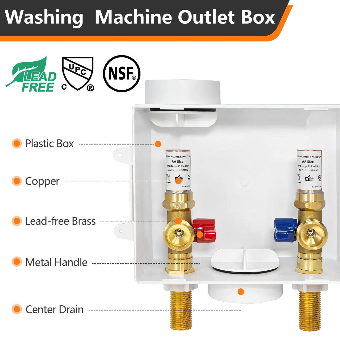 1/2" Sweat Inlet, Washing Machine Outlet Box, with Copper Water Hammer Arrestor