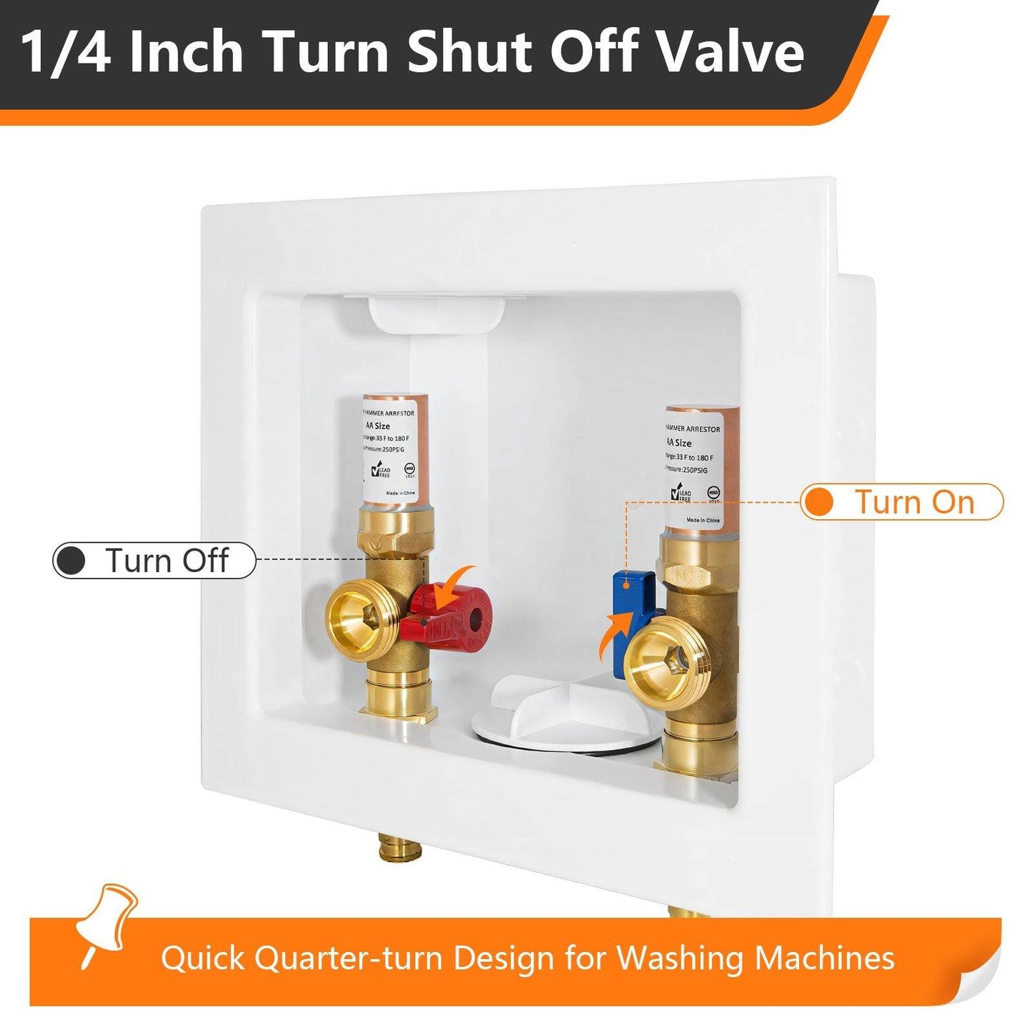1/2" PEX Crimp (F1807) Inlet, Washing Machine Outlet Box, with Copper Water Hammer Arrestor