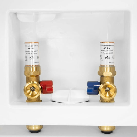1/2" Push Fit Inlet, Washing Machine Outlet Box, with Copper Arrestor, with Center Drain